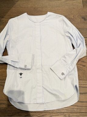 CD Embroidered Button-Front Long Sleeve Shirt - Light Blue